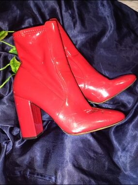 Aldo Red Patent Block-Heel Ankle Booties